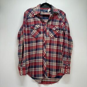 Wrangler Mens Red Blue Flannel Pearl Snap Long Sleeve Shirt Sz M Next Day Ship